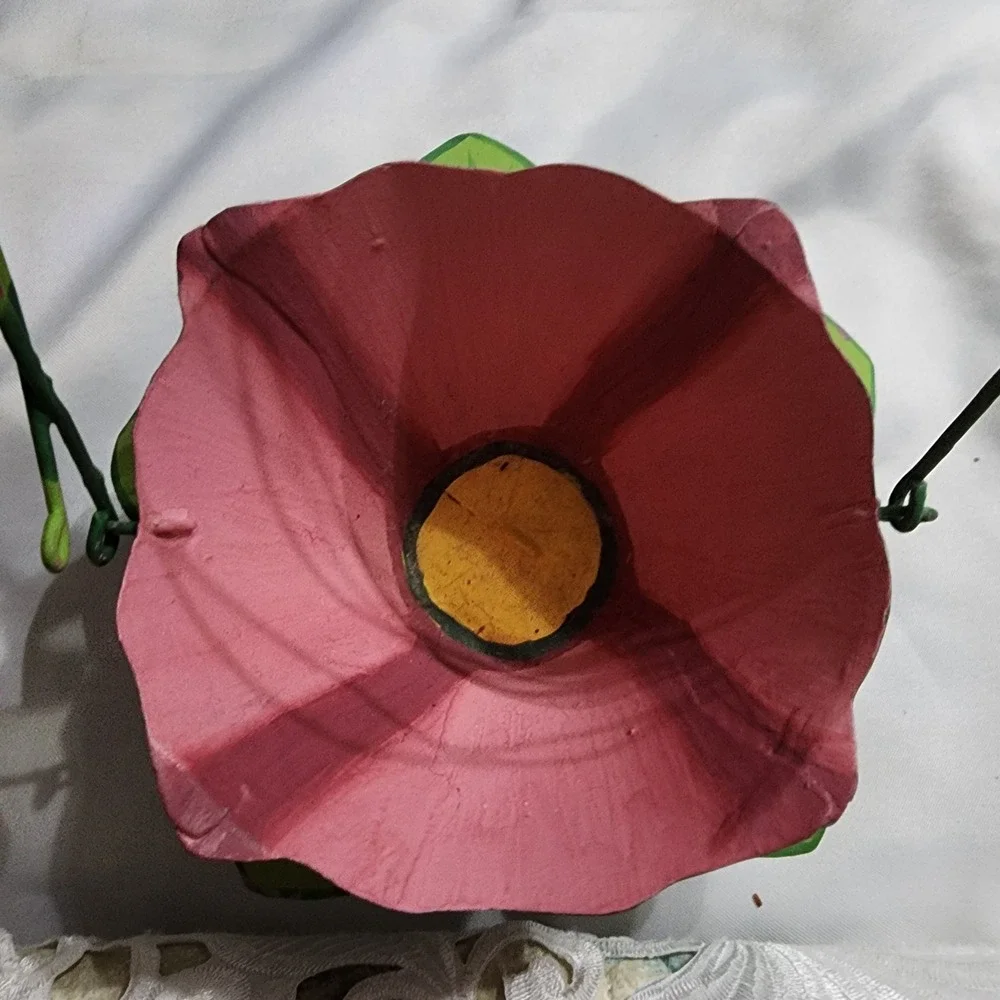 Vintage Hand Painted Metal Pink Flower Basket Tealight Holder Garden Decor